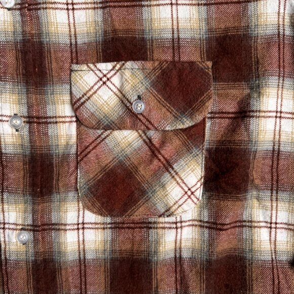 Vintage 911 Brown Plaid‎ Flannel Shirt Mens L 70s Chest Flap Pockets Soft Button - Picture 4 of 6